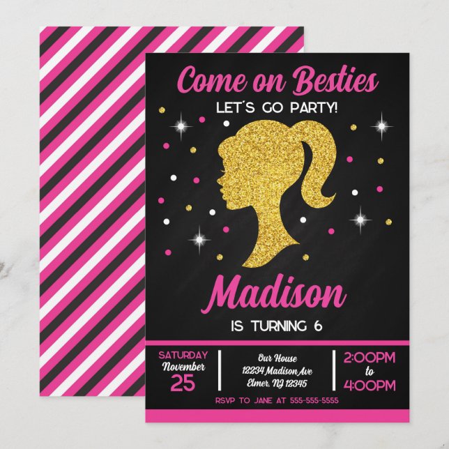 Invitación Fiesta de cumpleaños de moda de muñecas rosadas Be (Anverso / Reverso)