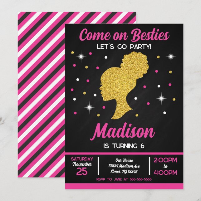 Invitación Fiesta de cumpleaños de moda de muñecas rosadas Be (Anverso / Reverso)
