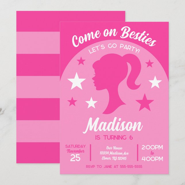 Invitación Fiesta de cumpleaños de moda de muñecas rosadas Be (Anverso / Reverso)