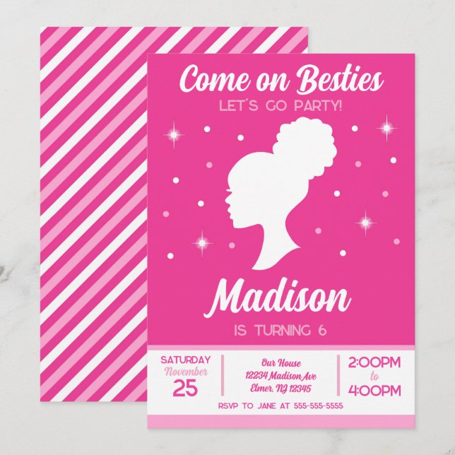 Invitación Fiesta de cumpleaños de moda de muñecas rosadas Be (Anverso / Reverso)