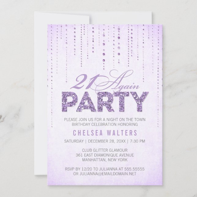 Invitación Fiesta de cumpleaños de moda Lavender Sparkle 21 (Anverso)