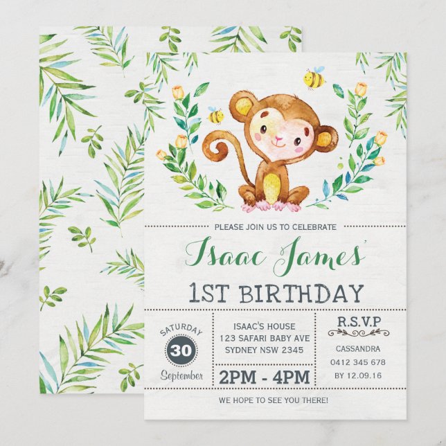 Invitación Fiesta de cumpleaños de mono selva invita a Safari (Anverso / Reverso)