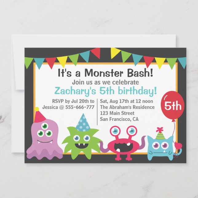 Invitación Fiesta de Cumpleaños de Monstruito Lindo para Niño (Anverso)