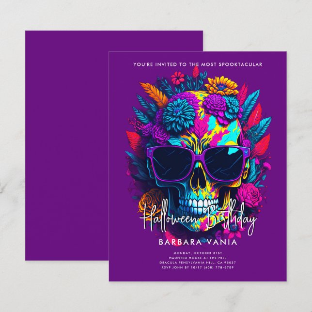Invitación Fiesta de cumpleaños de Morple Floral Skull Hallow (Anverso / Reverso)