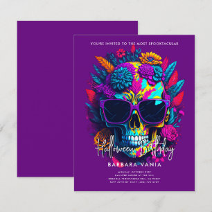 Invitación Fiesta de cumpleaños de Morple Floral Skull Hallow