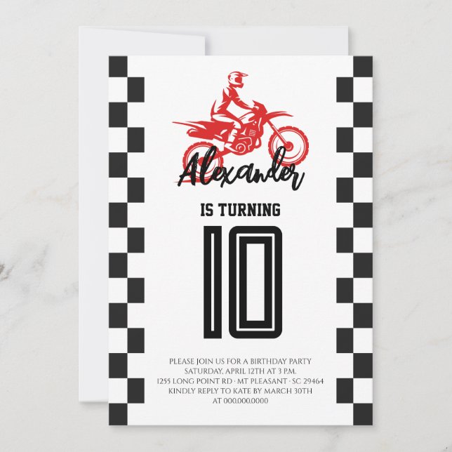 Invitación Fiesta de Cumpleaños de Moto de Cross (Anverso)
