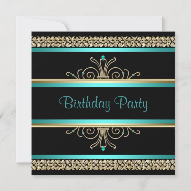 Invitación Fiesta de Cumpleaños de Mujer Aqua Verde Azul Oro  (Anverso)