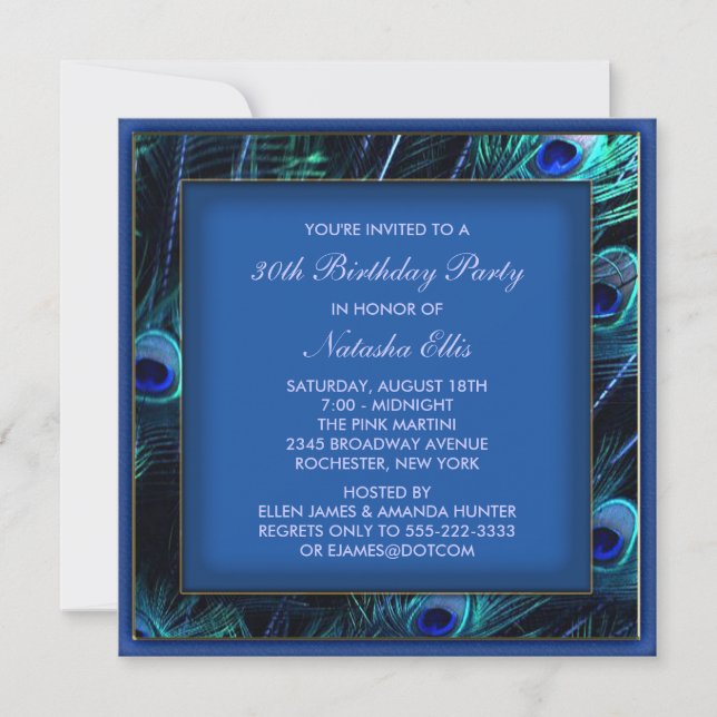 Invitación Fiesta de cumpleaños de mujer azul real Pavo Real (Anverso)