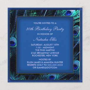 Invitación Fiesta de cumpleaños de mujer azul real Pavo Real