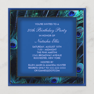 Invitación Fiesta de cumpleaños de mujer azul real Pavo Real