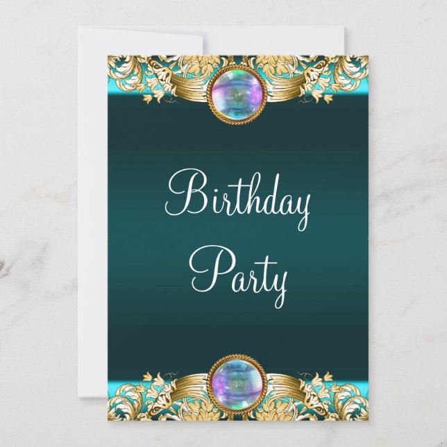 Invitación Fiesta de cumpleaños de mujer azul turquesa dorado (Anverso)