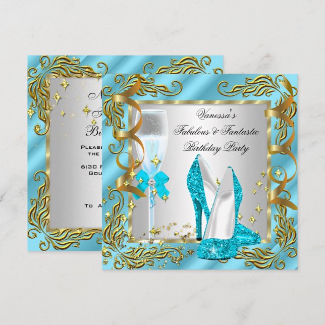 Invitación Fiesta de cumpleaños de mujer azul turquesa oro pl (Anverso / Reverso)