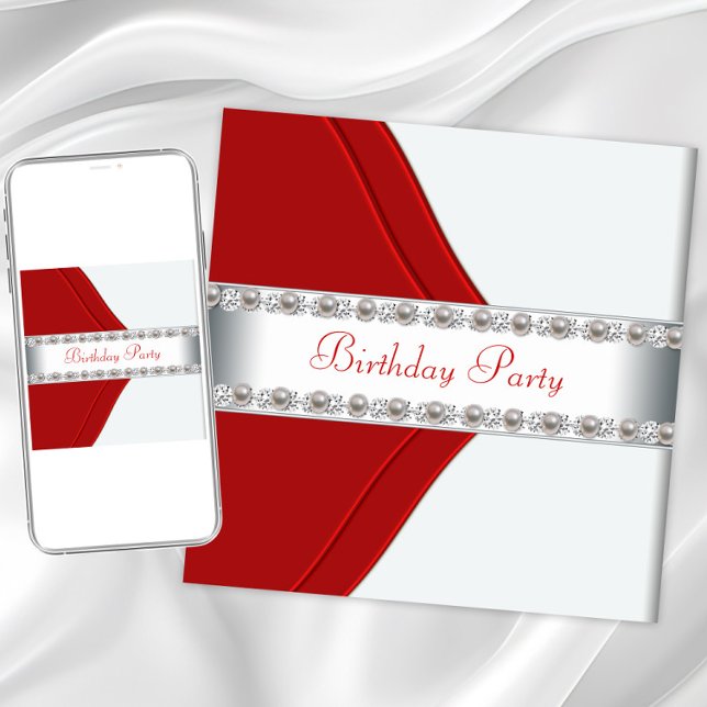 Invitación Fiesta de Cumpleaños de Mujer Blanca y Roja Elegan (Red white pearl birthday any occasion invitation. Instant download and printed invitations available)