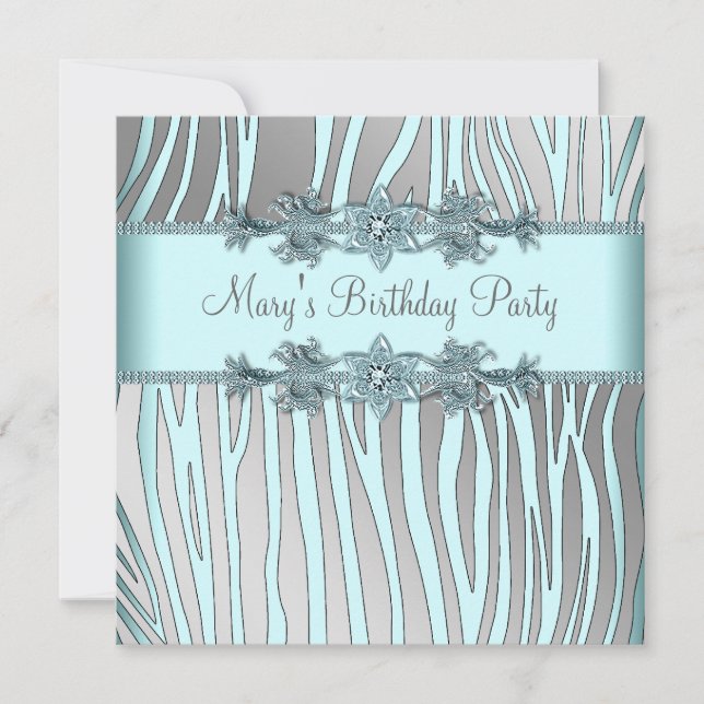 Invitación Fiesta de cumpleaños de mujer cebra azul plata (Anverso)