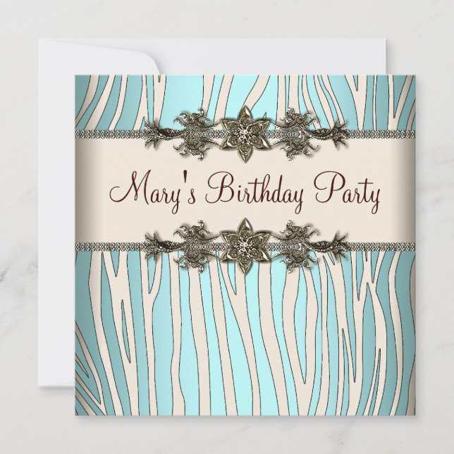 Invitación Fiesta de cumpleaños de mujer cebra azul teal marf (Anverso)