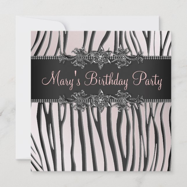 Invitación Fiesta de cumpleaños de mujer cebra rosa negra (Anverso)