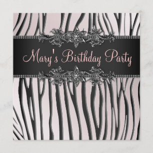 Invitación Fiesta de cumpleaños de mujer cebra rosa negra