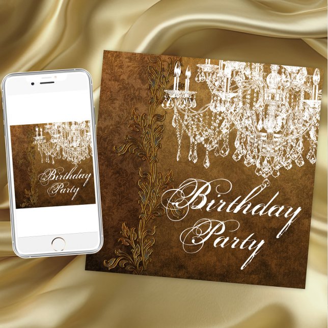 Invitación Fiesta de Cumpleaños de Mujer con Candelabro Antig (Chandelier birthday & all occasion invitation. Instant download & printed invitations available.)