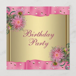 Invitación Fiesta de cumpleaños de mujer con dalia rosa dorad