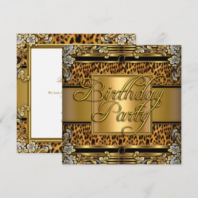 Invitación Fiesta de cumpleaños de mujer con estampado de leo (Anverso / Reverso)