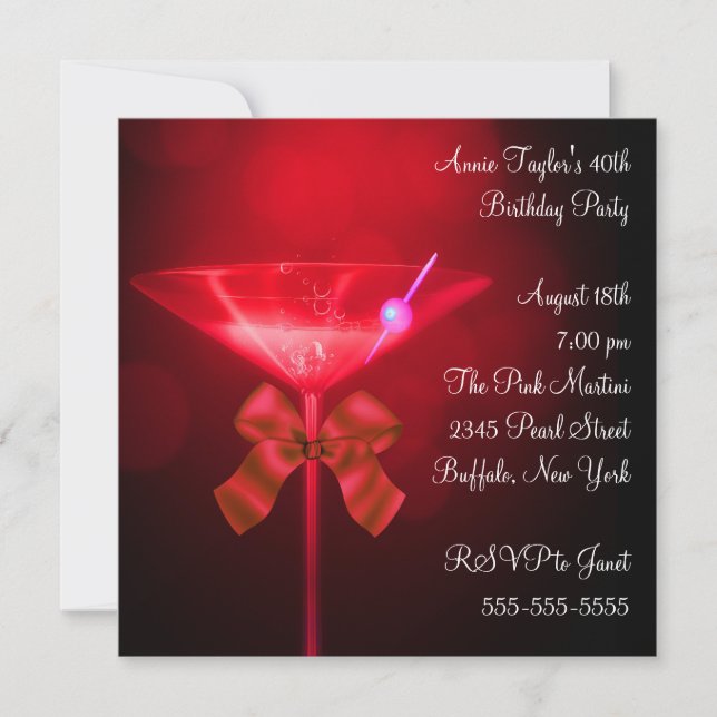 Invitación Fiesta de cumpleaños de mujer con Martini Rojo par (Anverso)