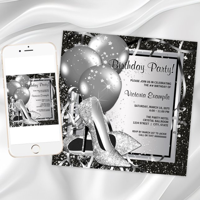 Invitación Fiesta de cumpleaños de mujer con tacones altos de (Black White Silver Birthday Party Invitation. Instant download - printed invitations available)