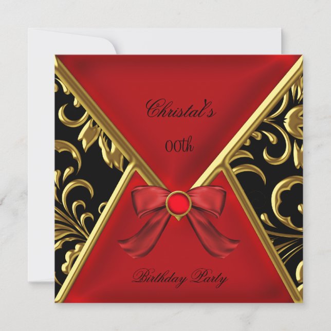 Invitación Fiesta de Cumpleaños de Mujer Dorado Rojo Negro Da (Anverso)