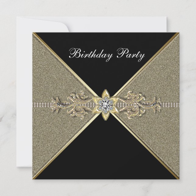 Invitación Fiesta de cumpleaños de mujer elegante negro oro (Anverso)