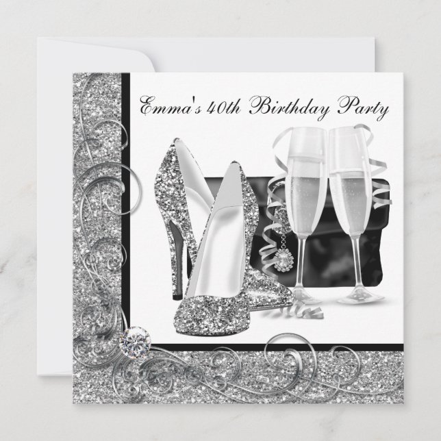 Invitación Fiesta de cumpleaños de mujer en blanco y negro (Anverso)