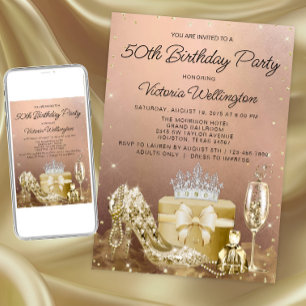 Invitación Fiesta de cumpleaños de mujer en oro rosa cualquie