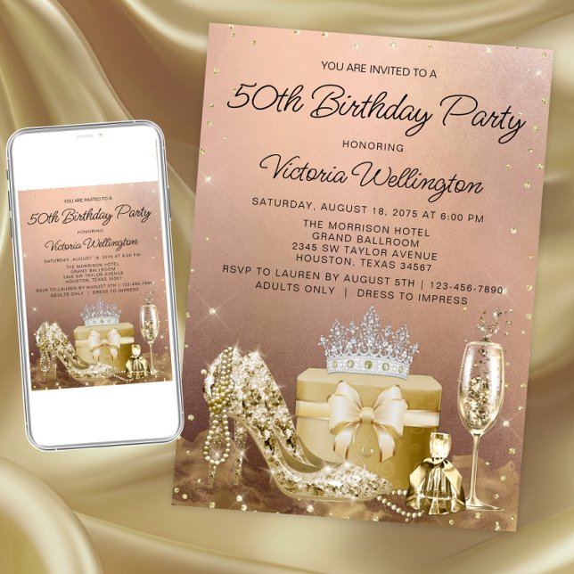 Invitación Fiesta de cumpleaños de mujer en oro rosa cualquie (Womans rose gold any number birthday invitation. Instant download and printed invitations available.)