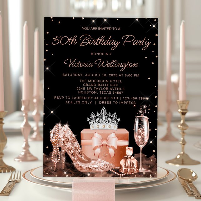 Invitación Fiesta de cumpleaños de mujer en oro rosa cualquie (Elegant rose gold any event and birthday invitation. Add your details. Background color can change.)