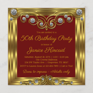 Invitación Fiesta de Cumpleaños de Mujer en Rojo y Dorado