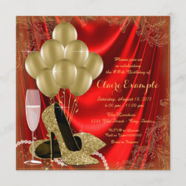 Invitación Fiesta de Cumpleaños de Mujer en Rojo y Dorado con