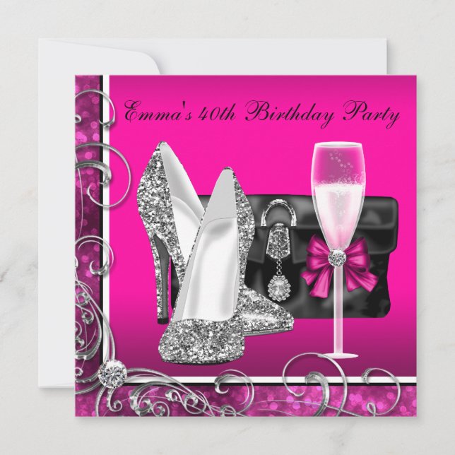 Invitación Fiesta de cumpleaños de mujer en rosa caliente (Anverso)