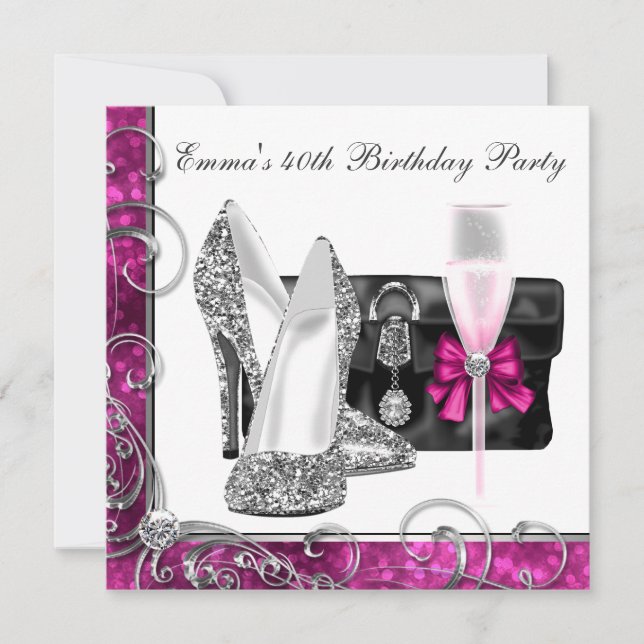 Invitación Fiesta de cumpleaños de mujer en rosa caliente (Anverso)