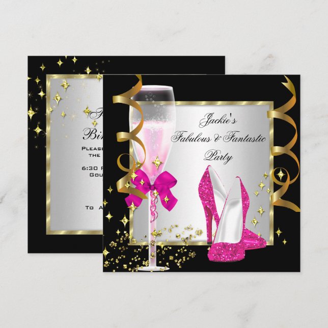Invitación Fiesta de cumpleaños de mujer en rosa caliente, ne (Anverso / Reverso)