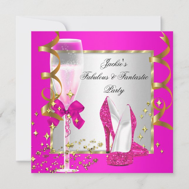 Invitación Fiesta de cumpleaños de mujer en rosa caliente oro (Anverso)