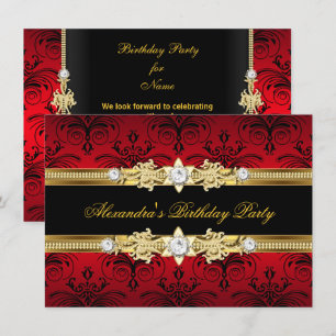 Invitación Fiesta de Cumpleaños de Mujer Floral Rojo Dorado N