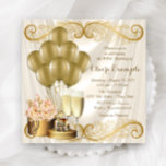Invitación Fiesta de Cumpleaños de Mujer Marfil y Dorado<br><div class="desc">Invitación de cumpleaños de marfil y oro para mujer con hermosos globos dorados, champán, caja de oro y frasco de perfume sobre un fondo de satén beige marfil crema lujoso y glamuroso. Esta elegante invitación de cumpleaños de marfil y oro se personaliza fácilmente para su evento simplemente agregando sus datos...</div>