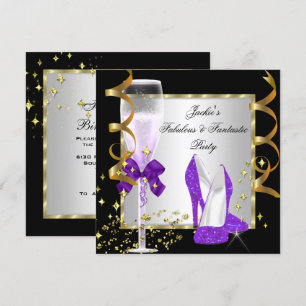 Invitación Fiesta de cumpleaños de mujer morado negro platead