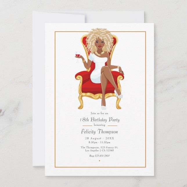 Invitación Fiesta de cumpleaños de mujer negra (Anverso)