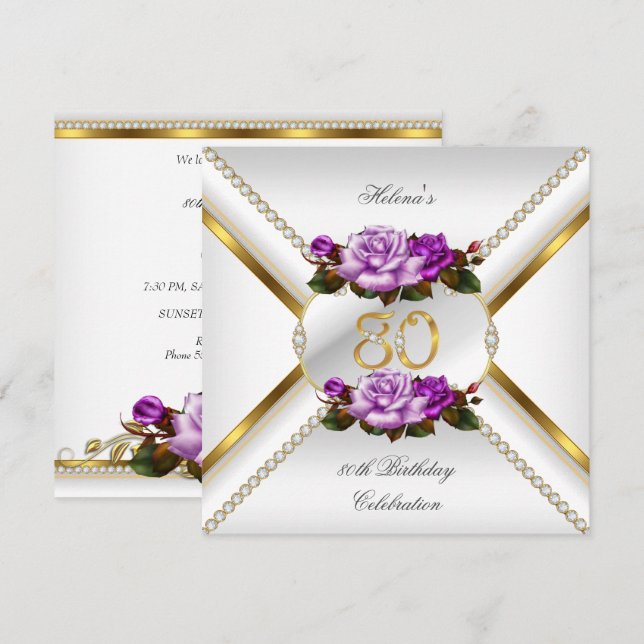 Invitación Fiesta de cumpleaños de mujer número 80 con rosas  (Anverso / Reverso)