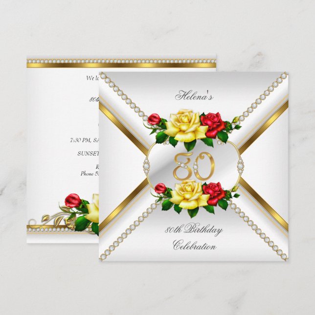 Invitación Fiesta de cumpleaños de mujer número 80 con rosas  (Anverso / Reverso)