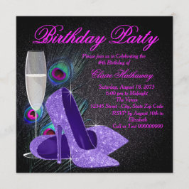 Invitación Fiesta de cumpleaños de mujer pavo real púrpura