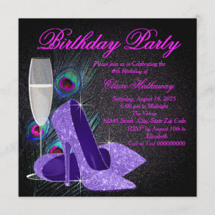 Invitación Fiesta de Cumpleaños de Mujer Pavo Real Púrpura