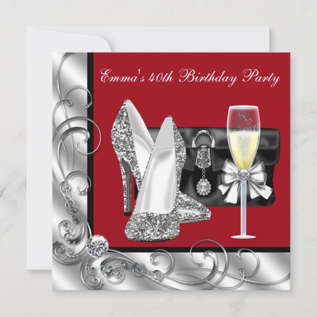 Invitación Fiesta de cumpleaños de mujer roja (Anverso)
