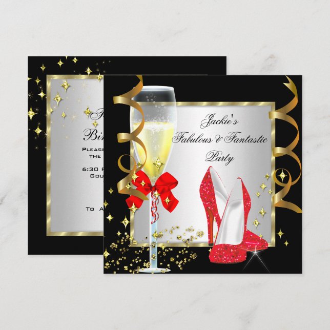 Invitación Fiesta de cumpleaños de mujer Rojo Negro Plateado (Anverso / Reverso)