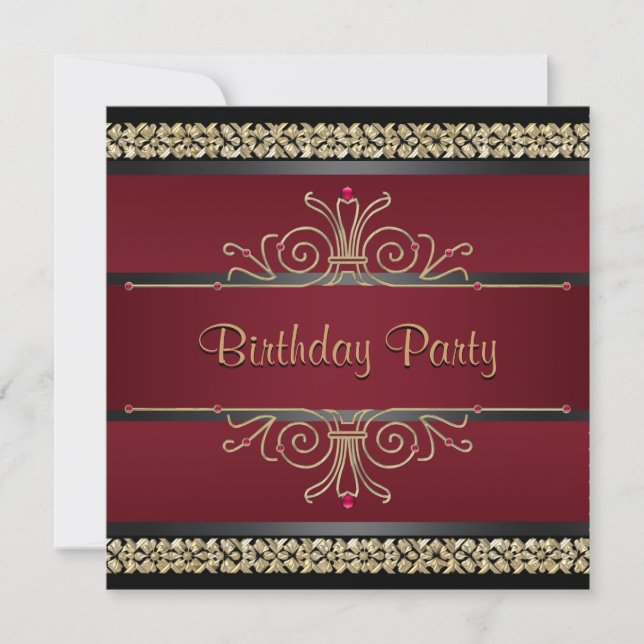 Invitación Fiesta de Cumpleaños de Mujer Rojo Rubí Negro Dora (Anverso)