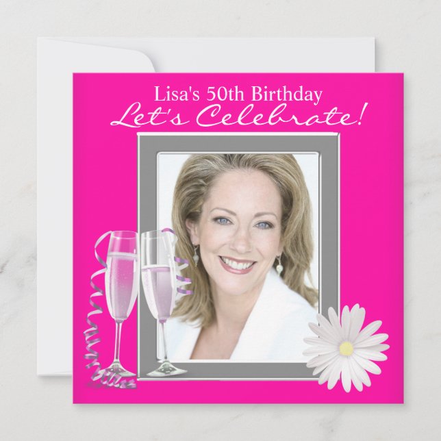 Invitación Fiesta de Cumpleaños de Mujer Rosa Brillante (Anverso)